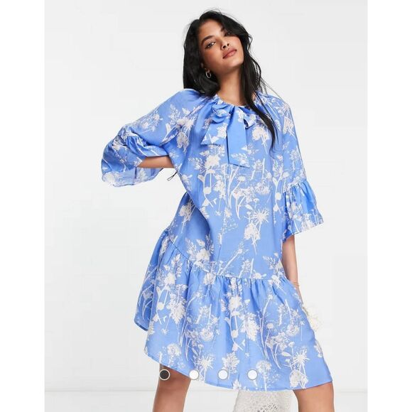 & Other Stories Tiered Mini Dress in Blue Print Size XS NWT - Picture 1 of 8